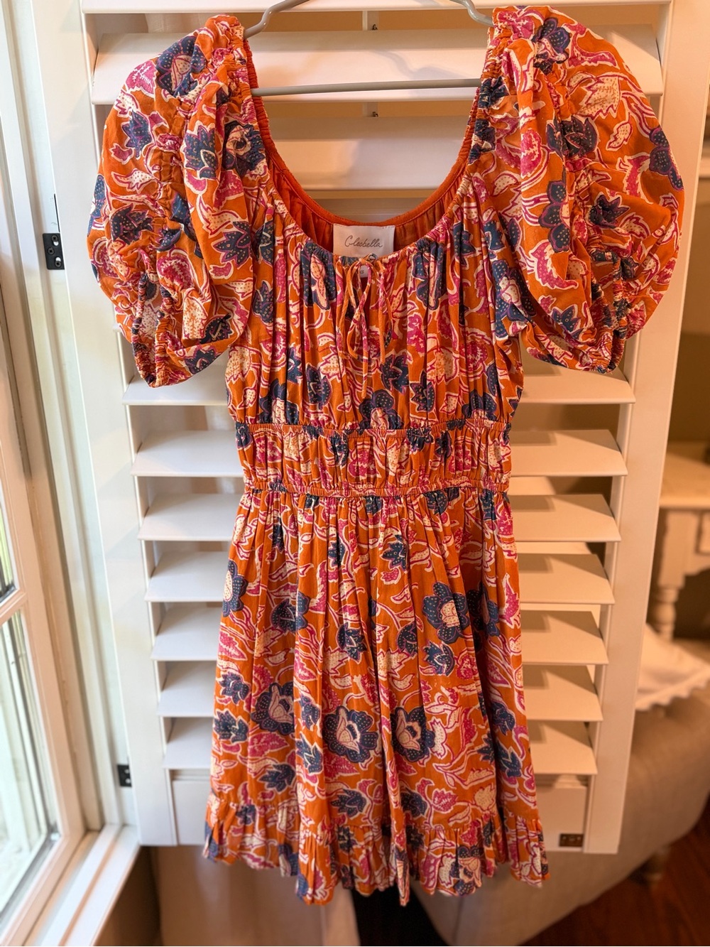 Cleobella Orange Floral Puff-Sleeve Mini Dress